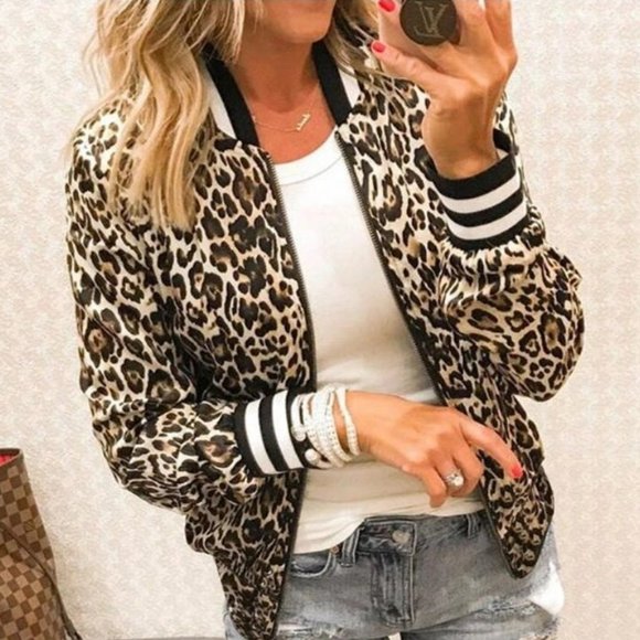 New Women's Zipper Front Leopard Print Long Sleeve Loose Fit Bomber Jacket - Picture 1 of 5